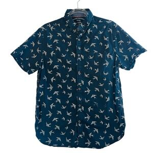 Cactus Mens Large Navy Blue White Bird Print Short Sleeve Button Up Shirt Cotton